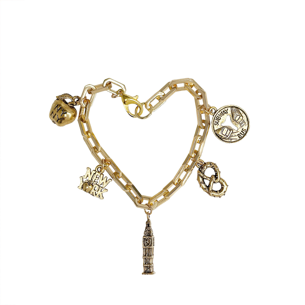 gold i love new york bracelet with nyc charms including pretzel apple empire state building and subway token by Love Lisa