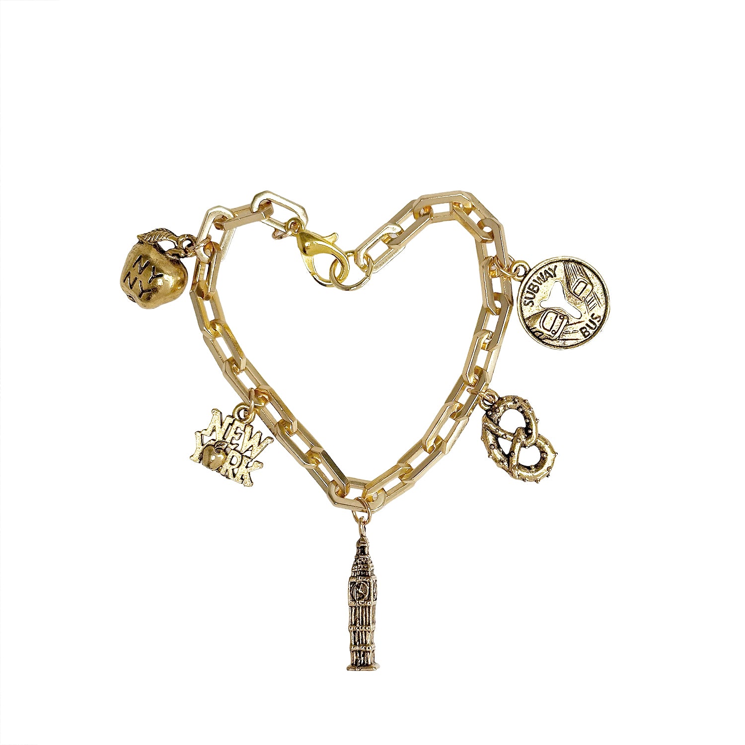 gold i love new york bracelet with nyc charms including pretzel apple empire state building and subway token by Love Lisa