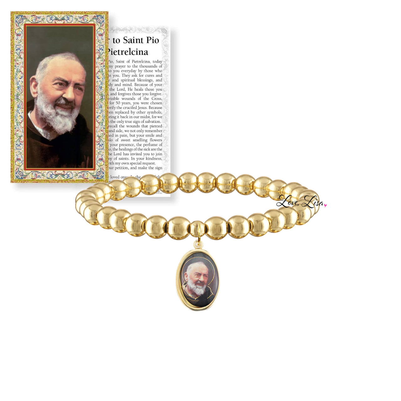 Padre Pio beaded bracelet in gold with devotional medal and prayer card