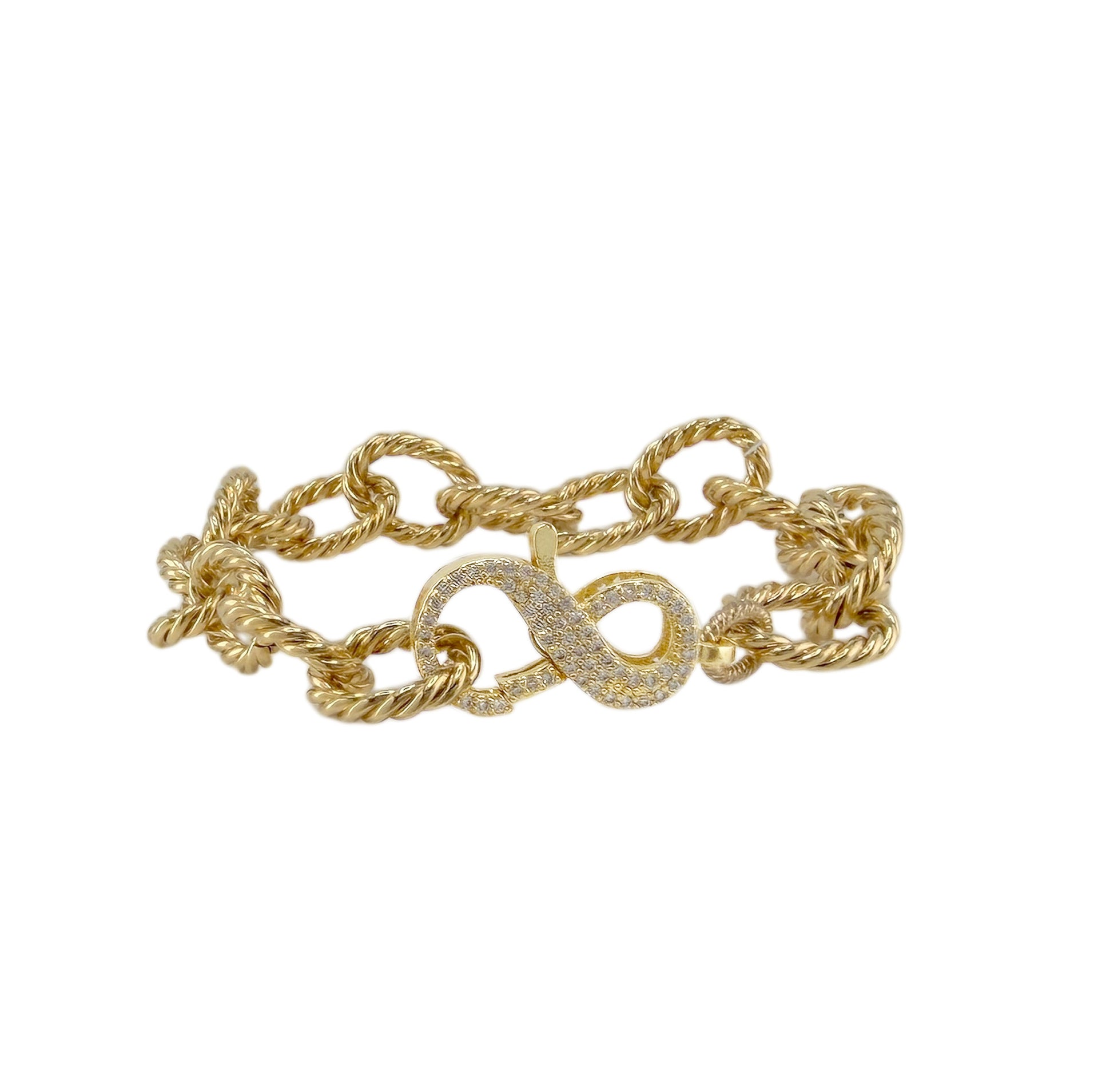 love lisa infinity clasp chain bracelet in gold with textured rope chain and pavé crystal infinity front clasp