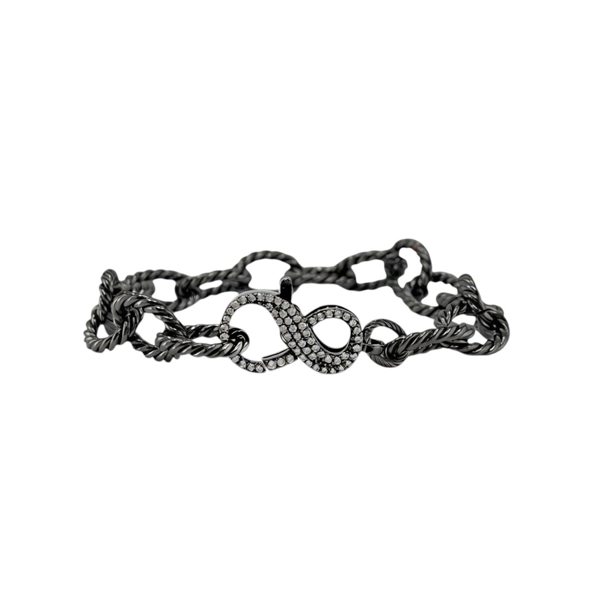 gunmetal infinity clasp chain bracelet featuring dark textured rope chain and pavé crystal infinity clasp design