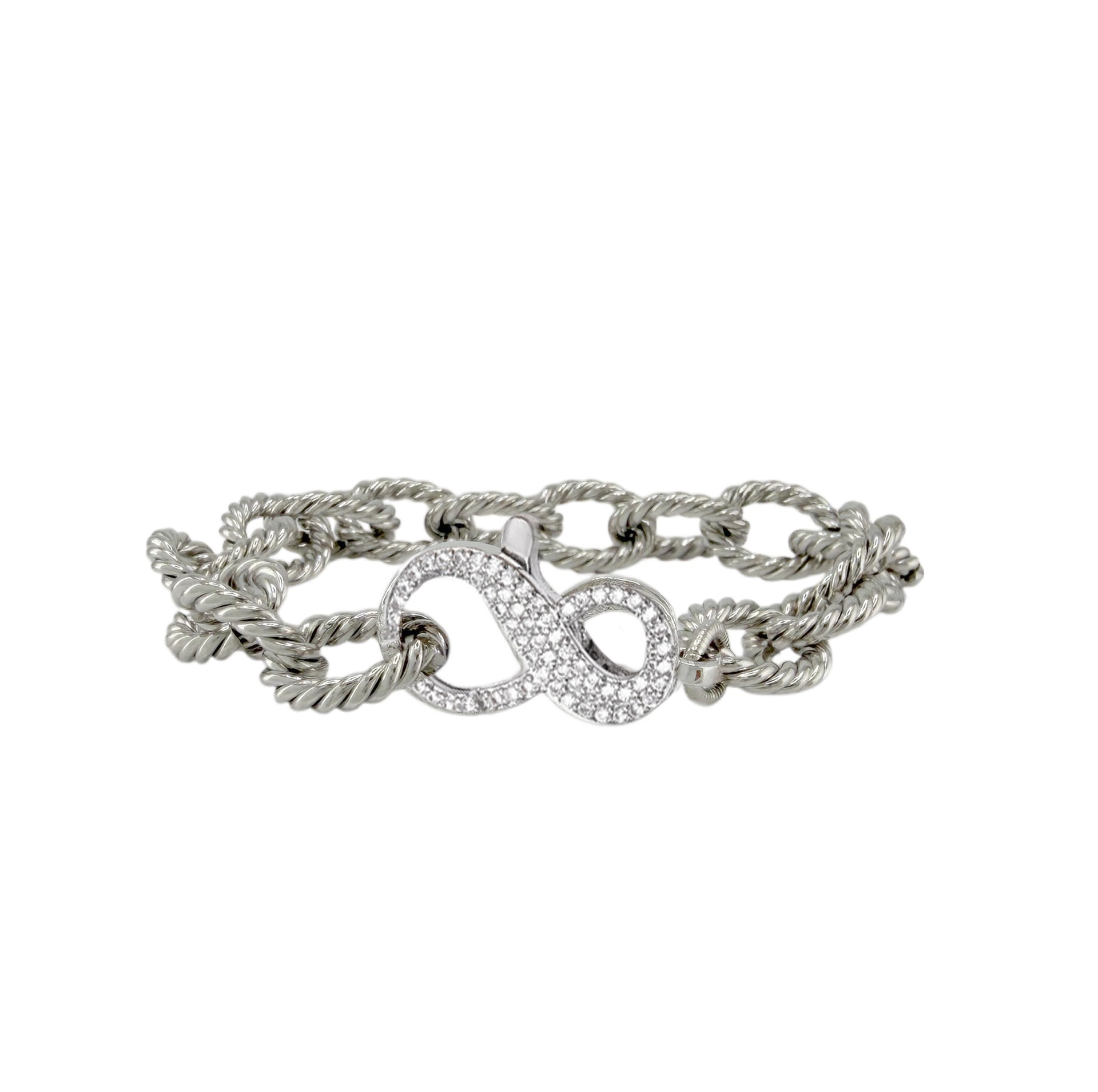 silver infinity clasp chain bracelet with textured rope chain design and pavé crystal infinity closure
