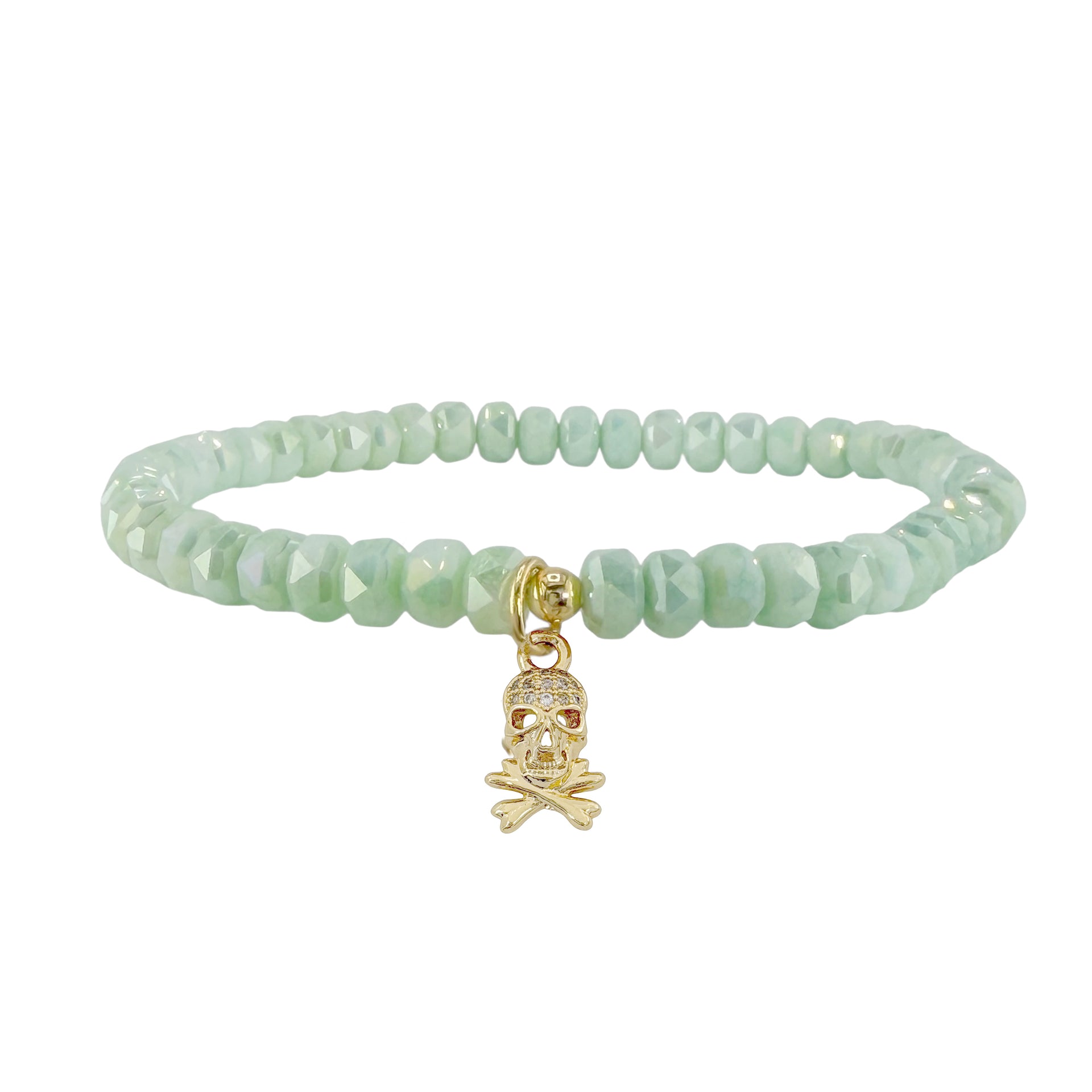 irresistible skull stretch anklet mint glow faceted gemstone beaded anklet with gold skull charm detail
