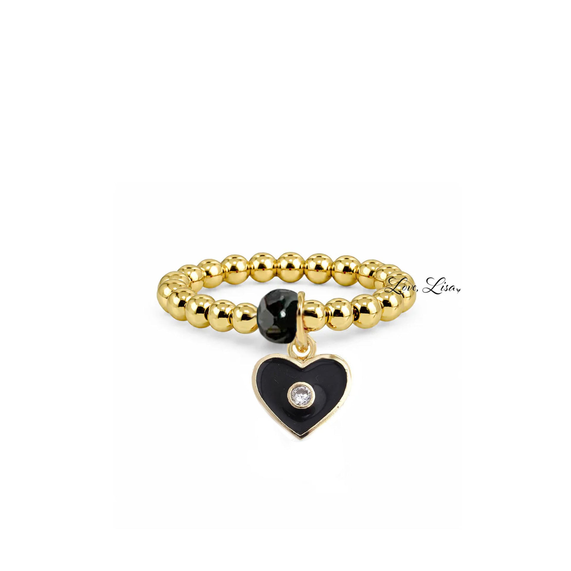 Love Lisa Isabella Enamel Crystal Heart Stretch Ring in gold with black enamel heart charm crystal center and faceted accent bead