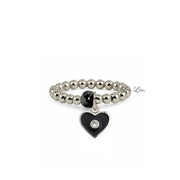 Isabella Enamel Crystal Heart Stretch Ring in silver with black enamel heart charm crystal center and faceted accent bead