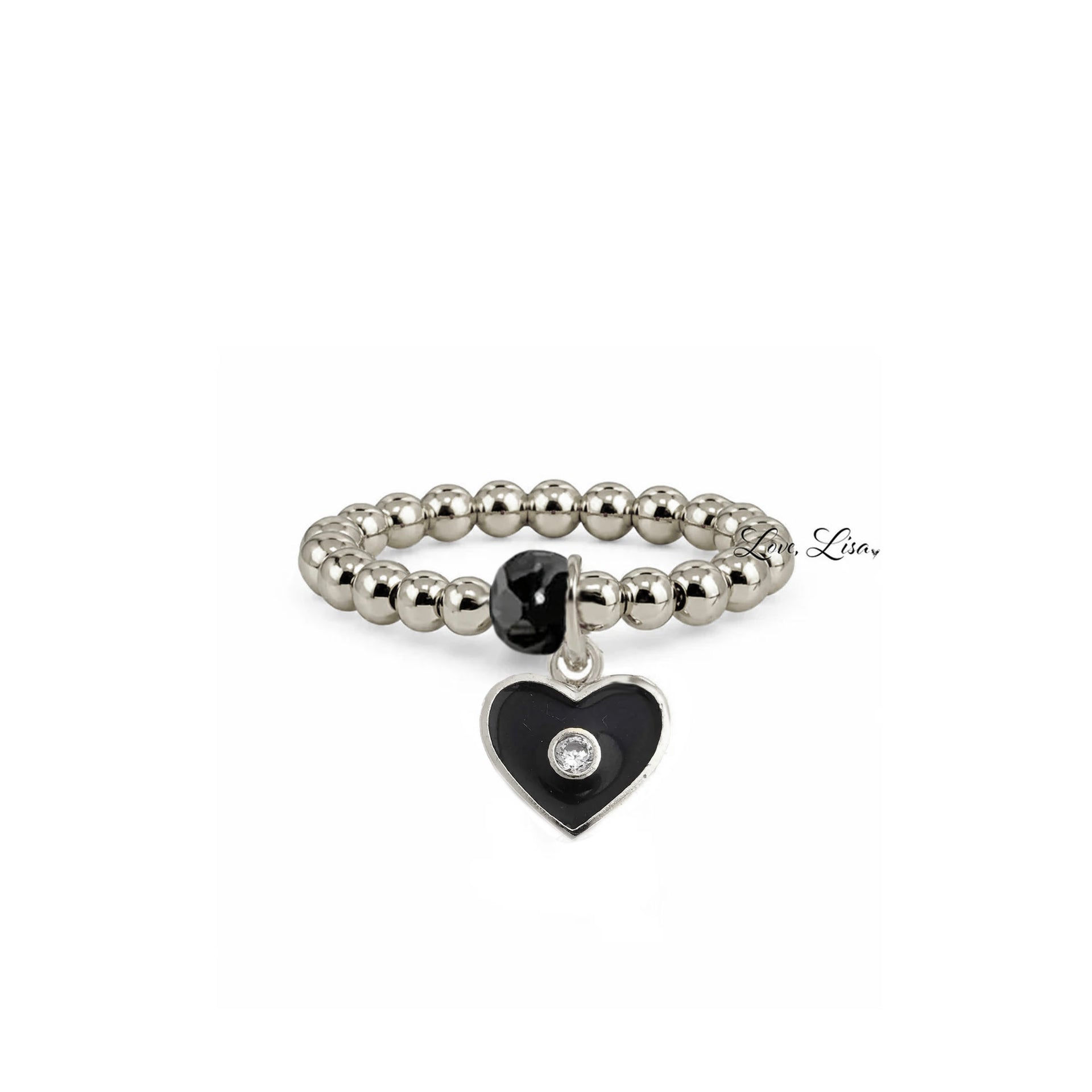 Isabella Enamel Crystal Heart Stretch Ring in silver with black enamel heart charm crystal center and faceted accent bead