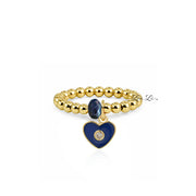 Isabella Enamel Crystal Heart Stretch Ring in gold with blue enamel heart charm crystal center and faceted accent bead