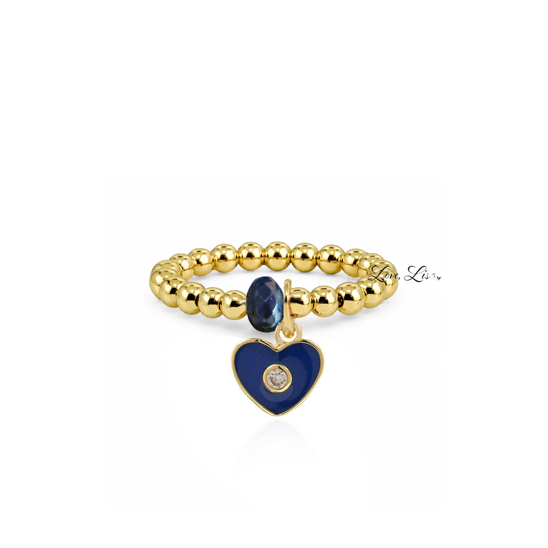 Isabella Enamel Crystal Heart Stretch Ring in gold with blue enamel heart charm crystal center and faceted accent bead