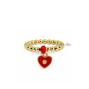 sabella Enamel Crystal Heart Stretch Ring in gold with red enamel heart charm crystal center and faceted accent bead