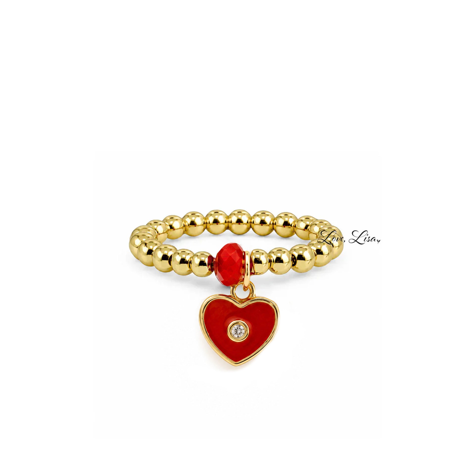 sabella Enamel Crystal Heart Stretch Ring in gold with red enamel heart charm crystal center and faceted accent bead