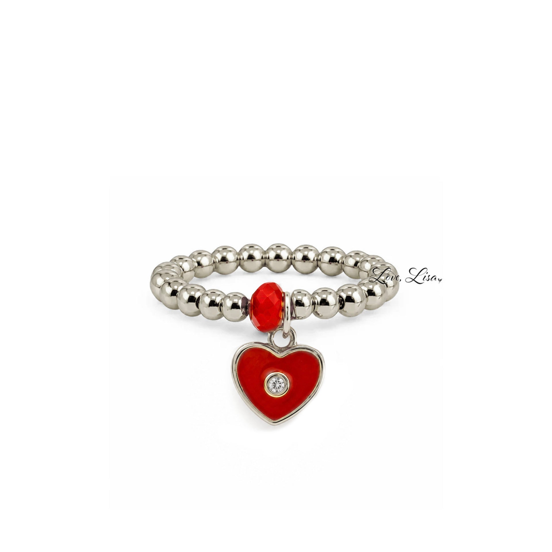 Isabella Enamel Crystal Heart Stretch Ring in silver with red enamel heart charm crystal center and faceted accent bead