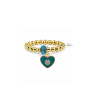 Isabella Enamel Crystal Heart Stretch Ring in gold with teal enamel heart charm crystal center and faceted accent bead