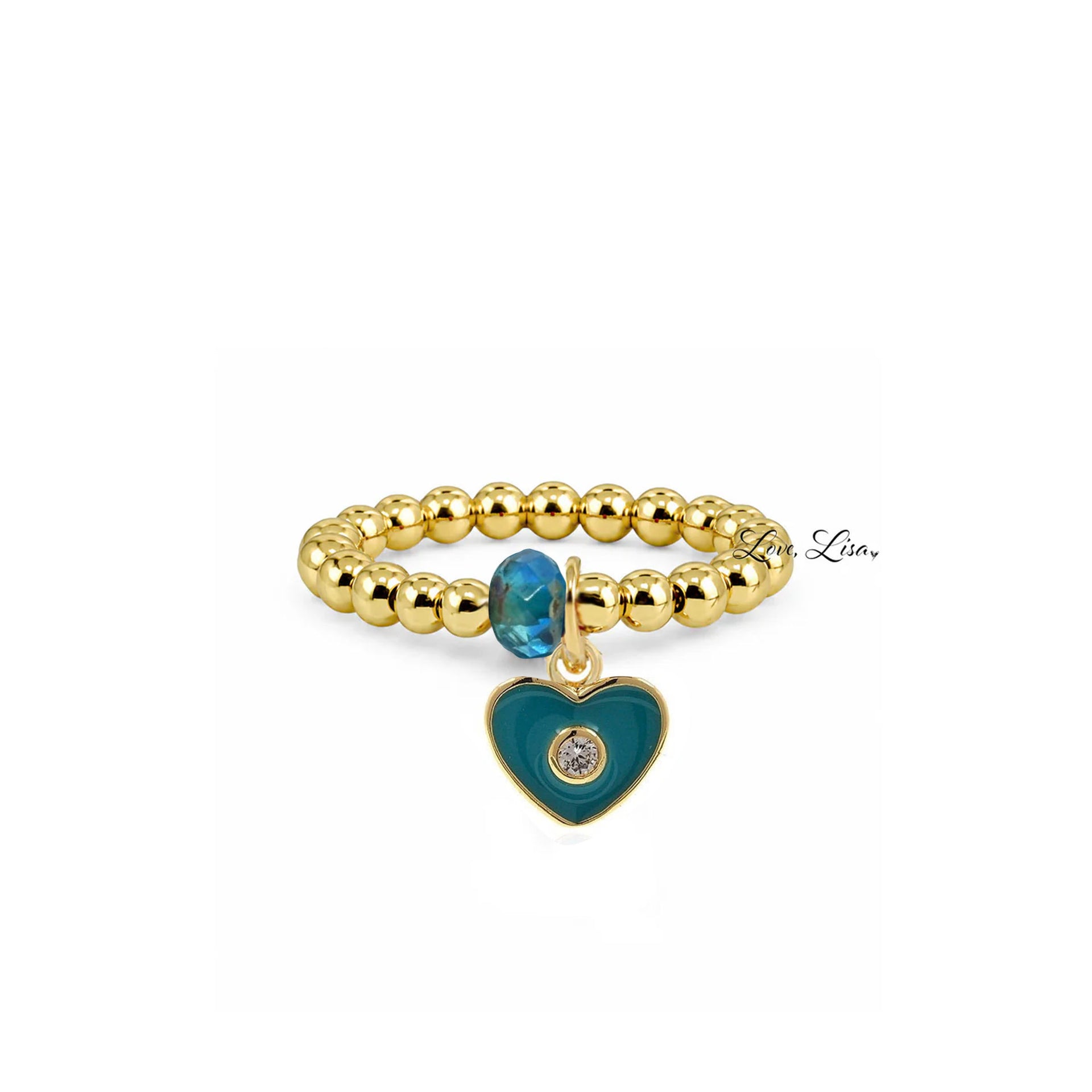 Isabella Enamel Crystal Heart Stretch Ring in gold with teal enamel heart charm crystal center and faceted accent bead