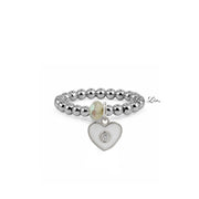 Isabella Enamel Crystal Heart Stretch Ring in silver with white enamel heart charm crystal center and faceted accent bead