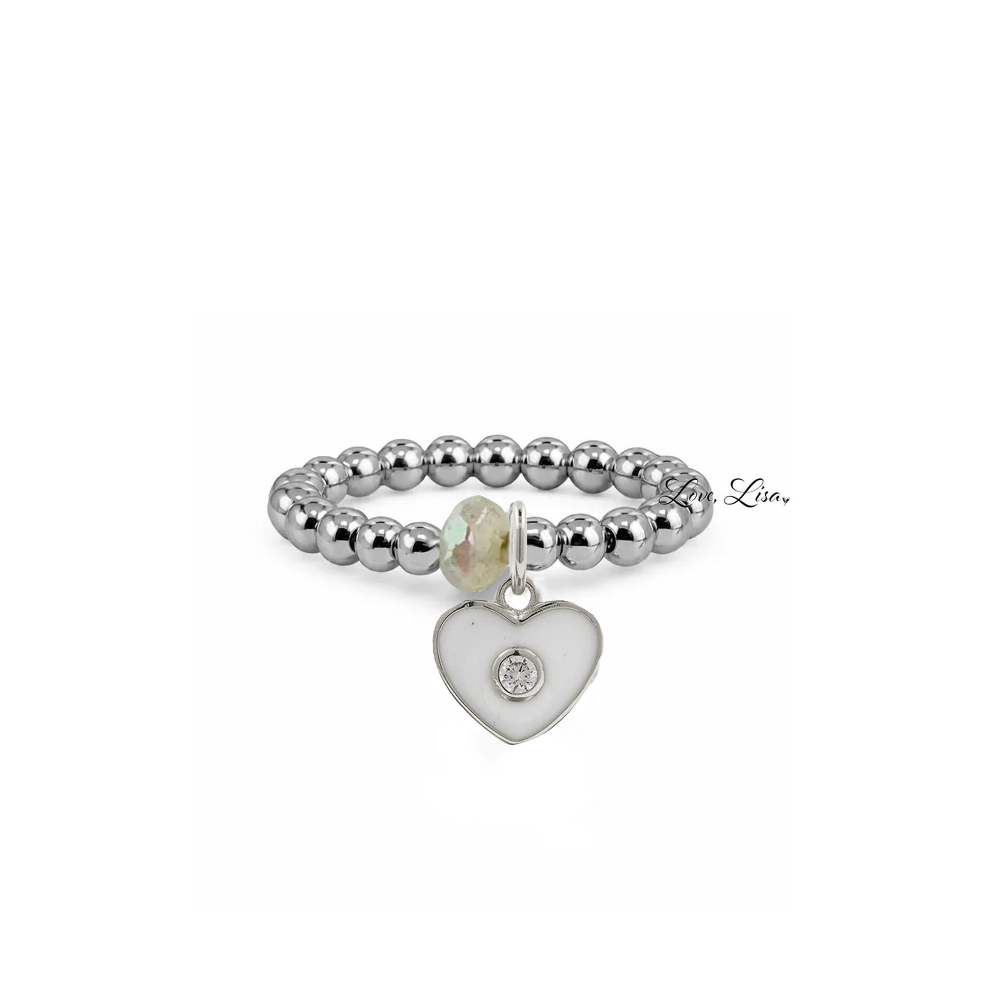 Isabella Enamel Crystal Heart Stretch Ring in silver with white enamel heart charm crystal center and faceted accent bead