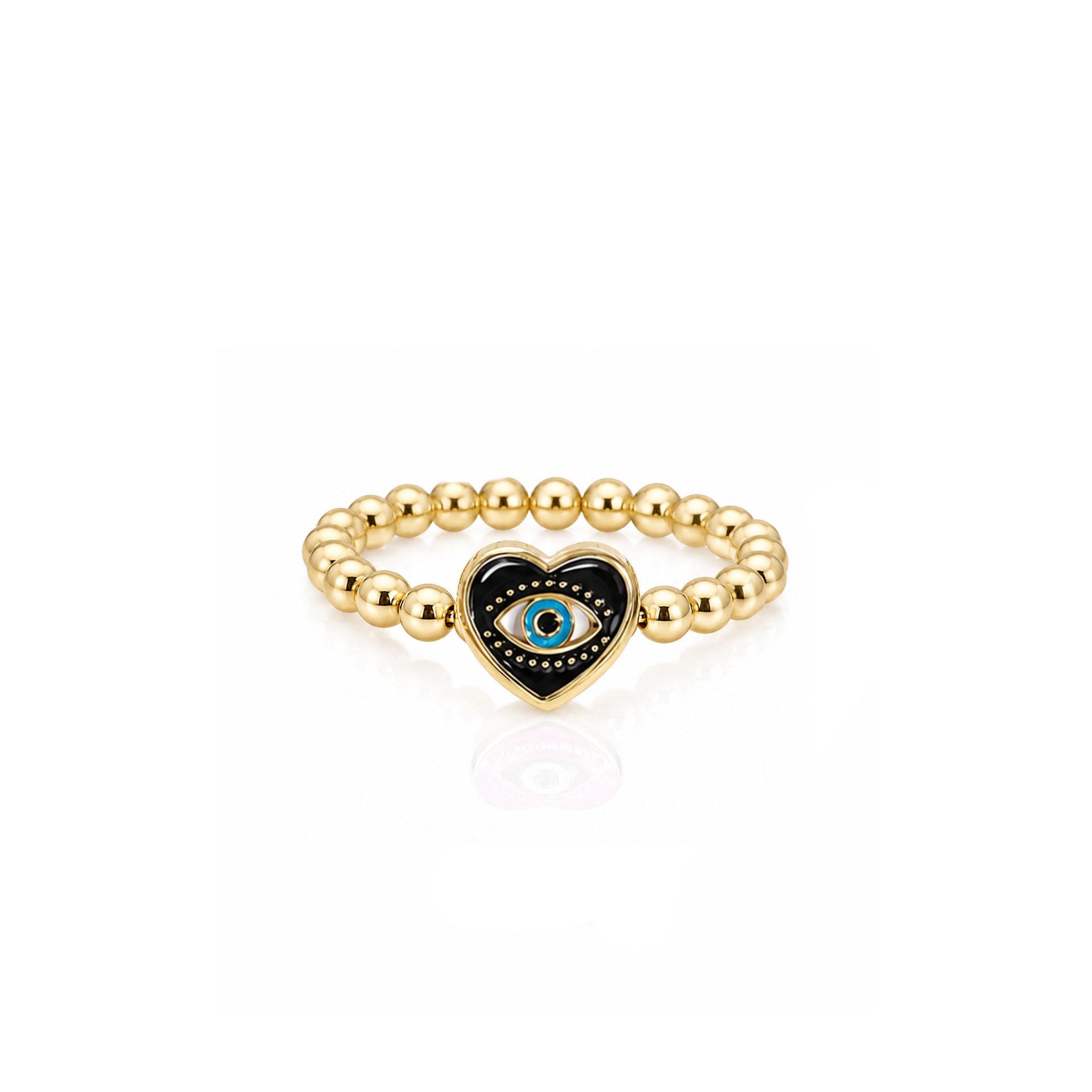 Isabella Enamel Evil Eye Heart Stretch Ring in black with polished gold beads and enamel heart evil eye centerpiece