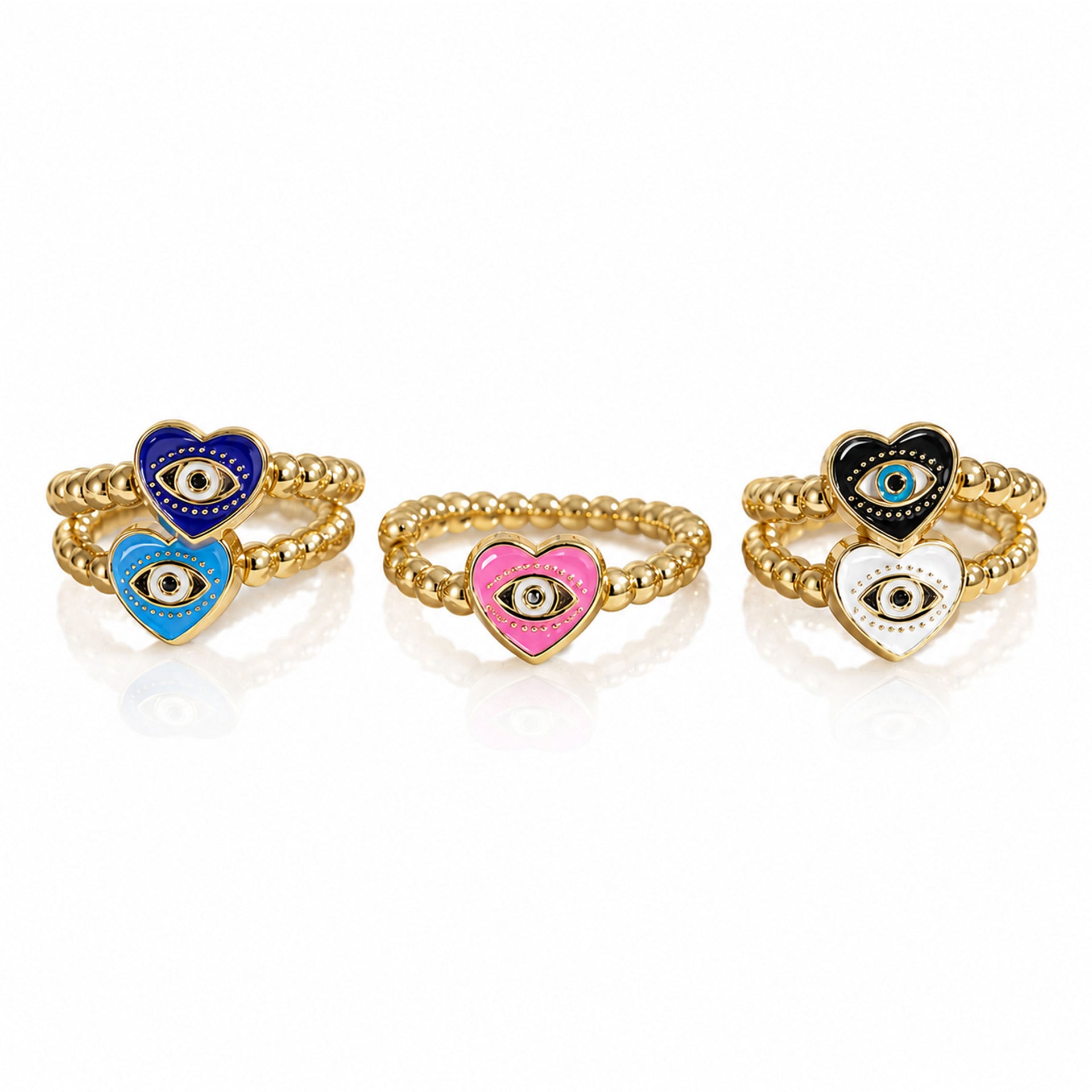 Love Lisa Isabella Enamel Evil Eye Heart Stretch Rings in pink royal blue turquoise black and white with polished gold beads