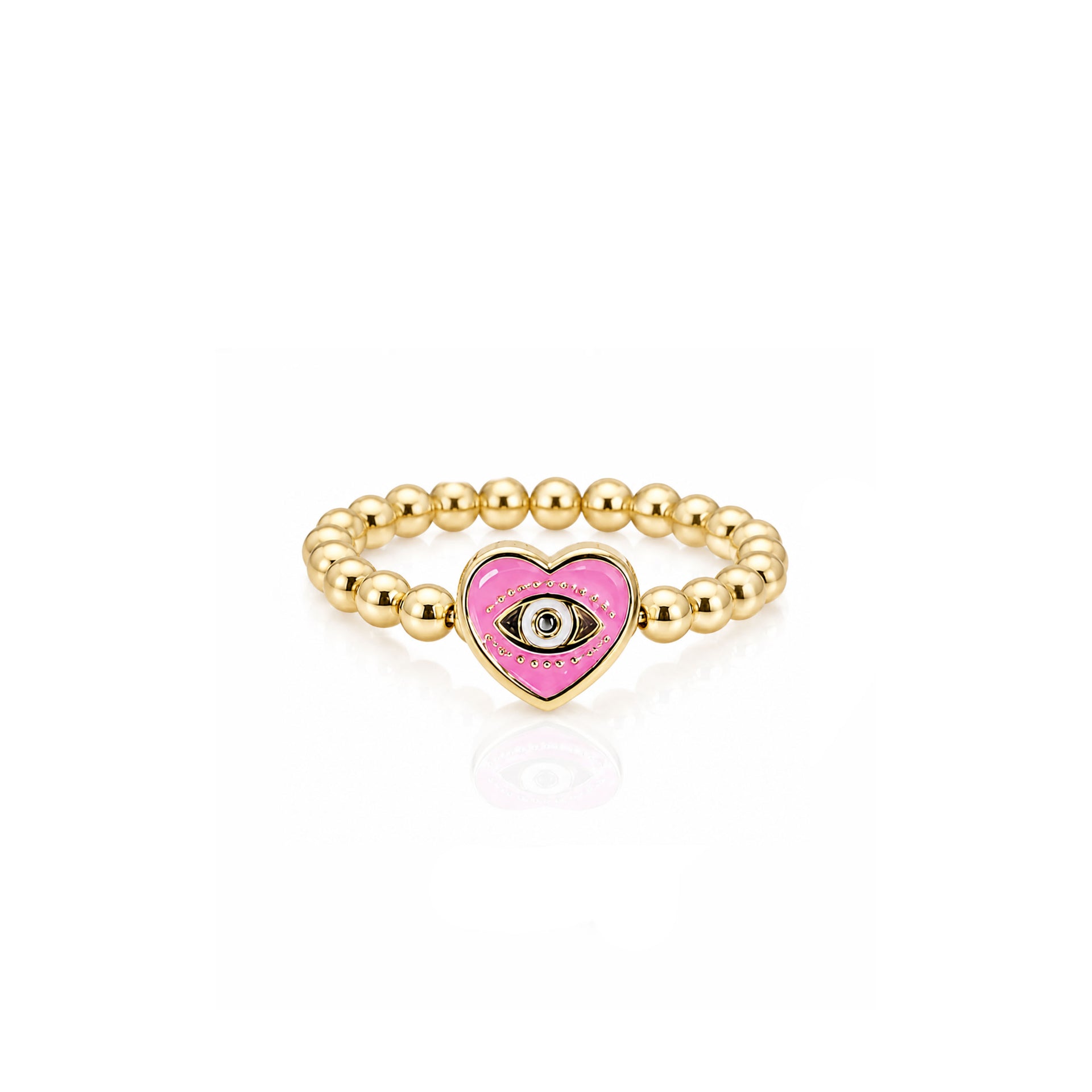 Love Lisa Isabella Enamel Evil Eye Heart Stretch Ring in pink with polished gold beads and heart-shaped evil eye centerpiece