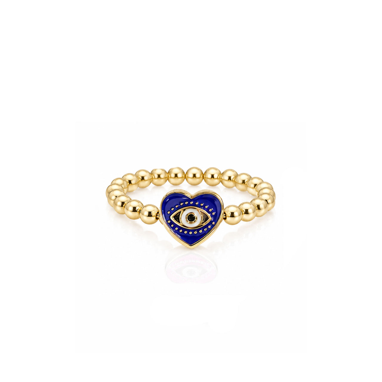 Isabella Enamel Evil Eye Heart Stretch Ring in royal blue with polished gold beads and enamel heart evil eye centerpiece