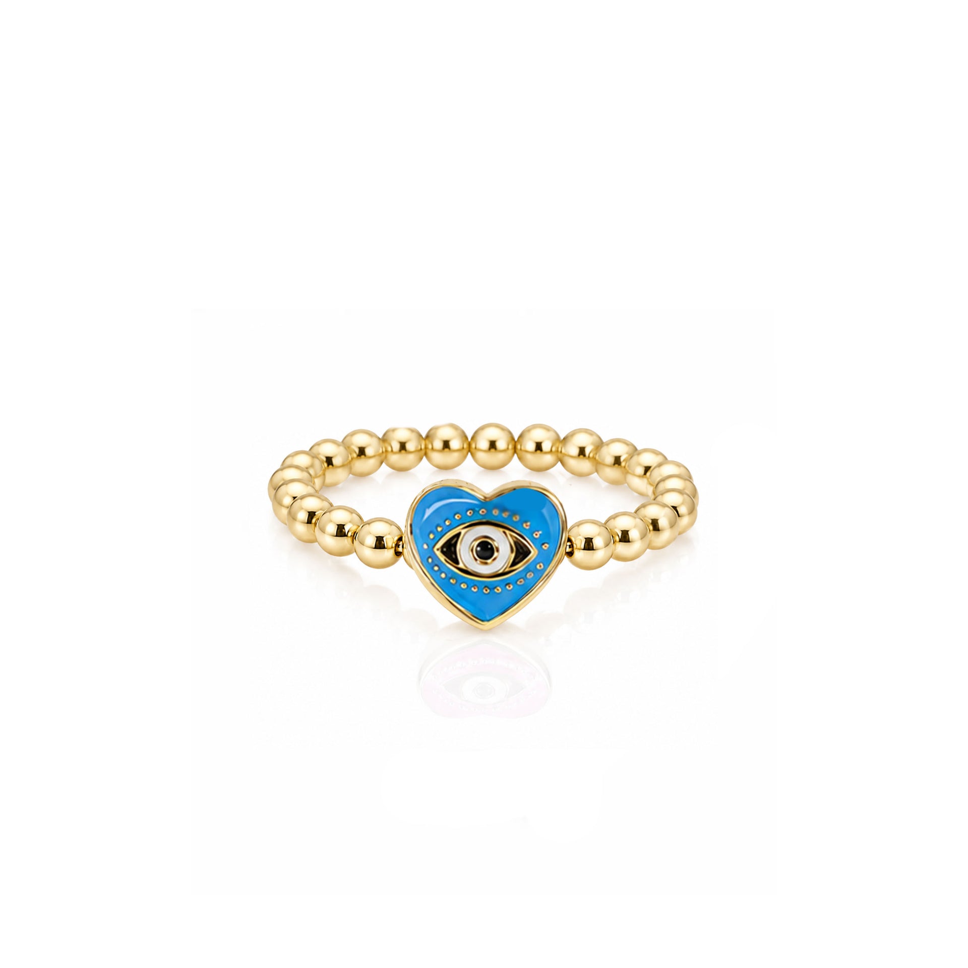 Isabella Enamel Evil Eye Heart Stretch Ring in turquoise with polished gold beads and enamel heart evil eye centerpiece