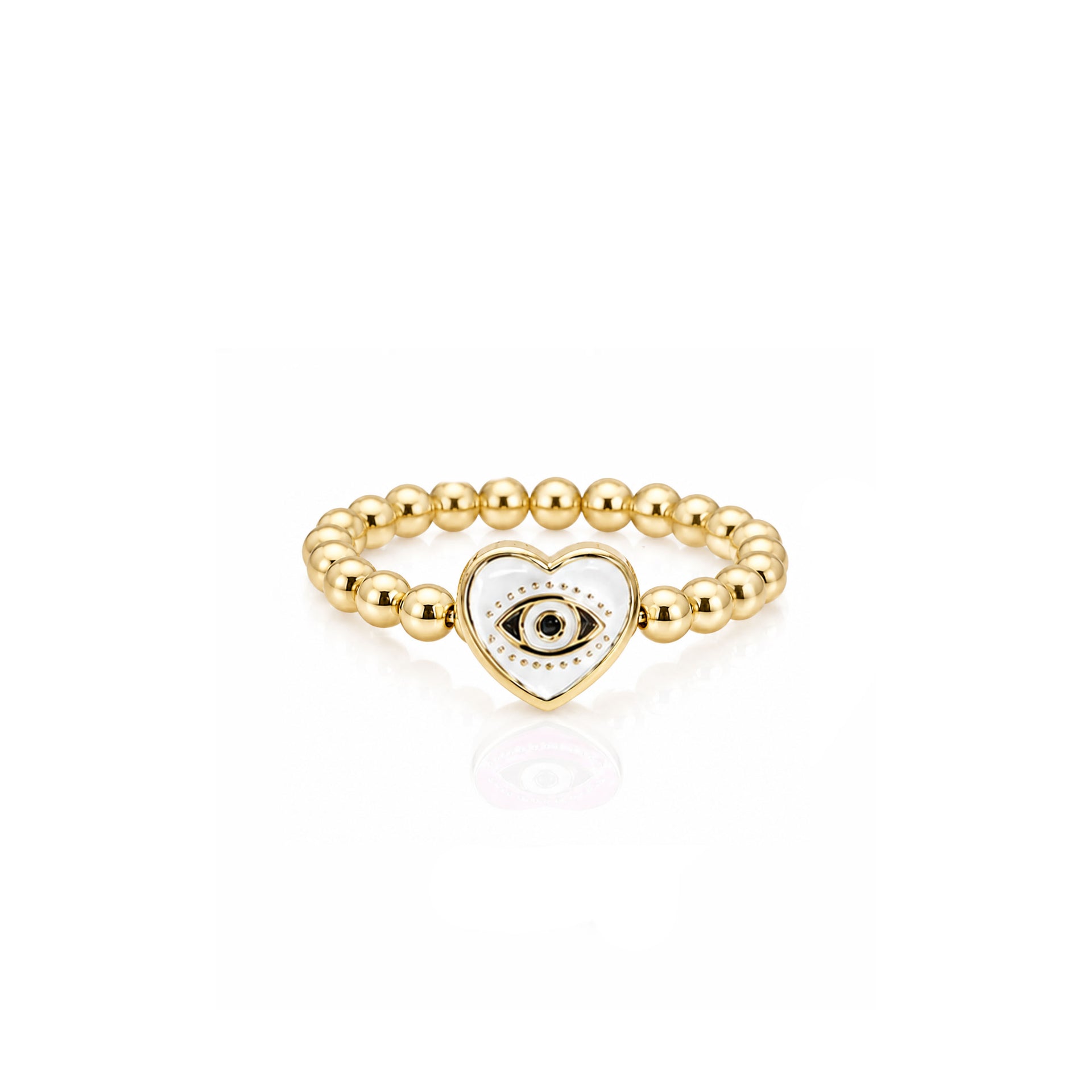 Isabella Enamel Evil Eye Heart Stretch Ring in white with polished gold beads and enamel heart evil eye centerpiece