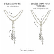 Triple heart crystal lariat necklace styled as double wrap tie showing elongated drop silhouette