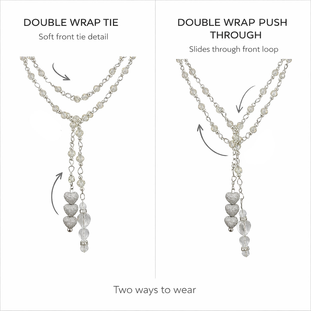 Triple heart crystal lariat necklace styled as double wrap tie showing elongated drop silhouette