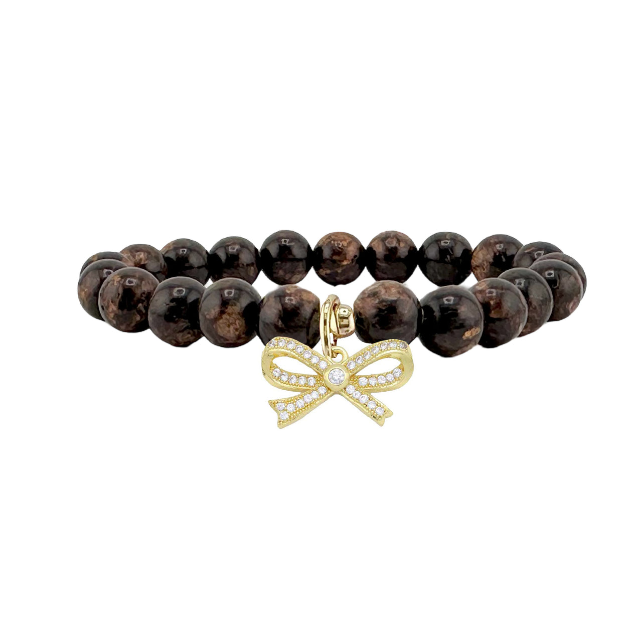 isla sea sediment jasper bow bracelet in brown natural gemstone beads with gold cubic zirconia bow charm