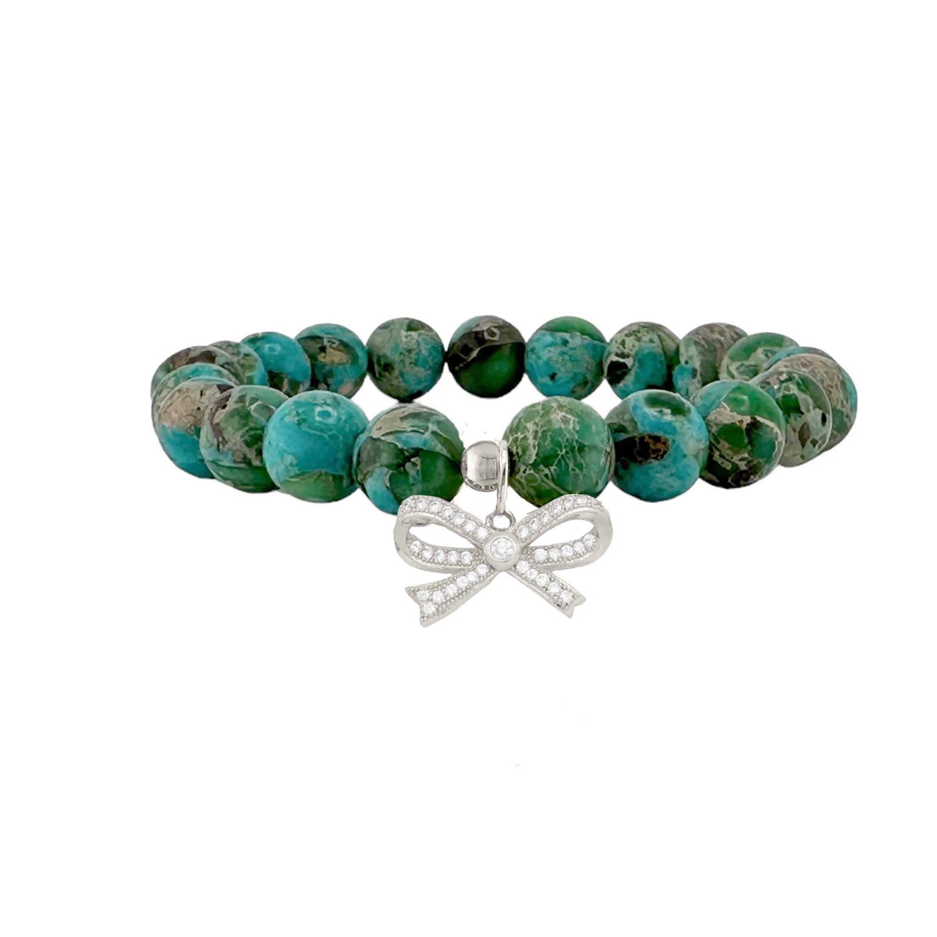 green sea sediment jasper bow bracelet with natural deep green patterned beads and silver bow charm