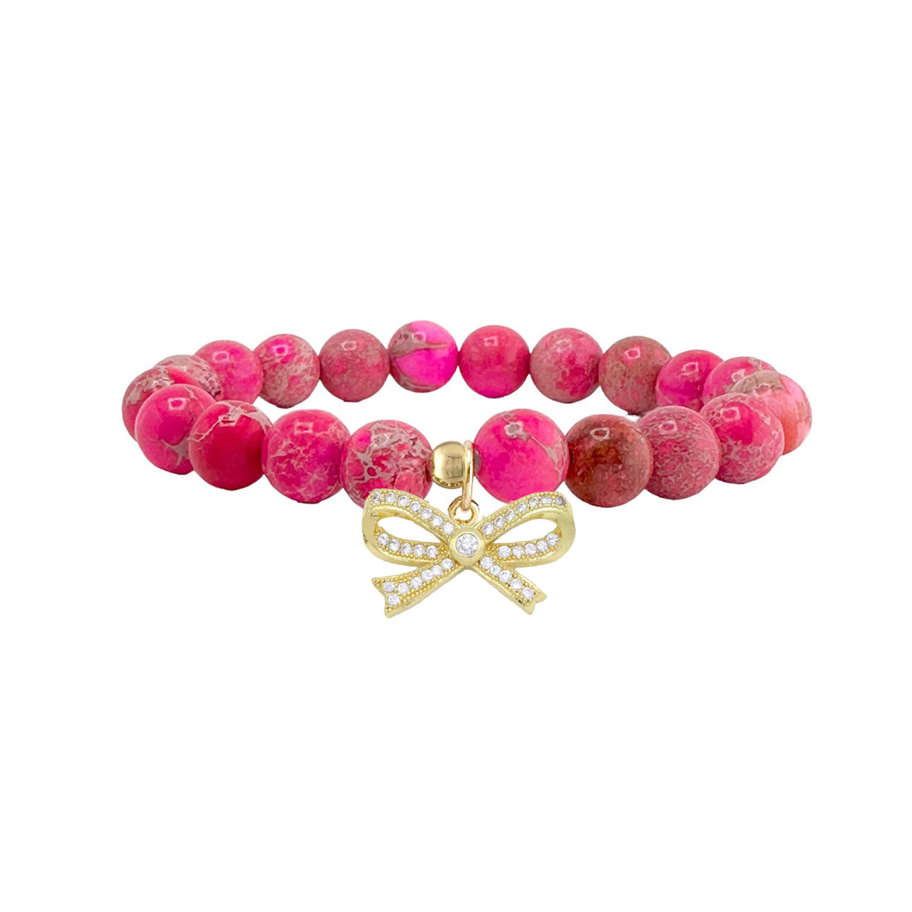 pink sea sediment jasper bracelet with natural marbled pink gemstone beads and sparkling bow charm
