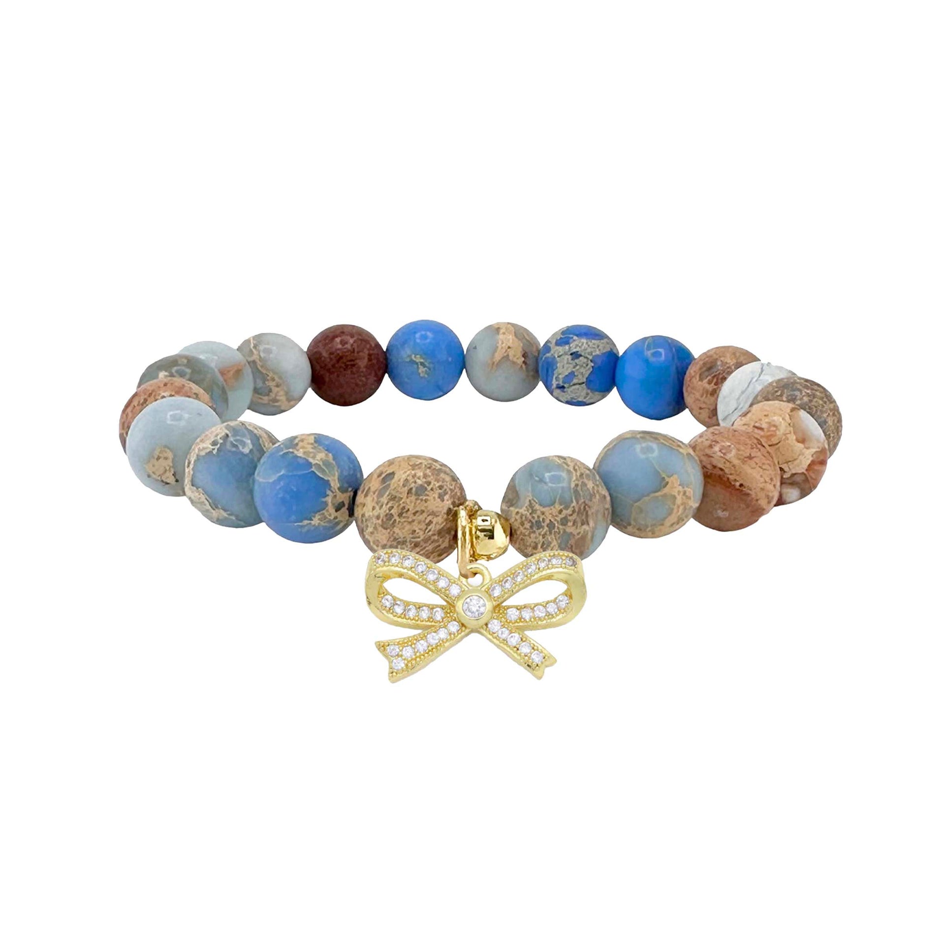 sand blue sea sediment jasper bracelet with beige blue mixed gemstone tones and bow charm
