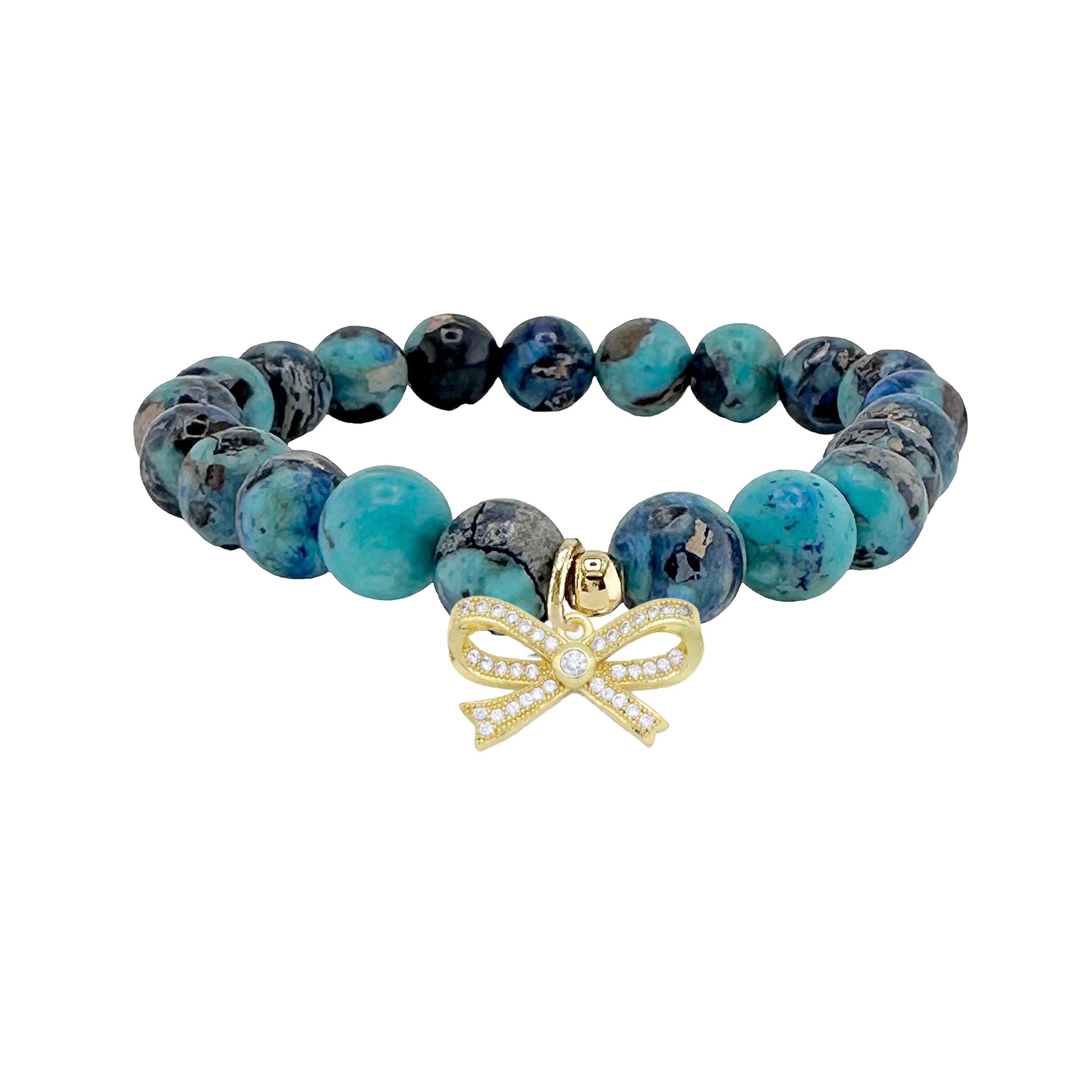 turquoise sea sediment jasper bow bracelet with aqua toned natural gemstone beads and cubic zirconia bow charm