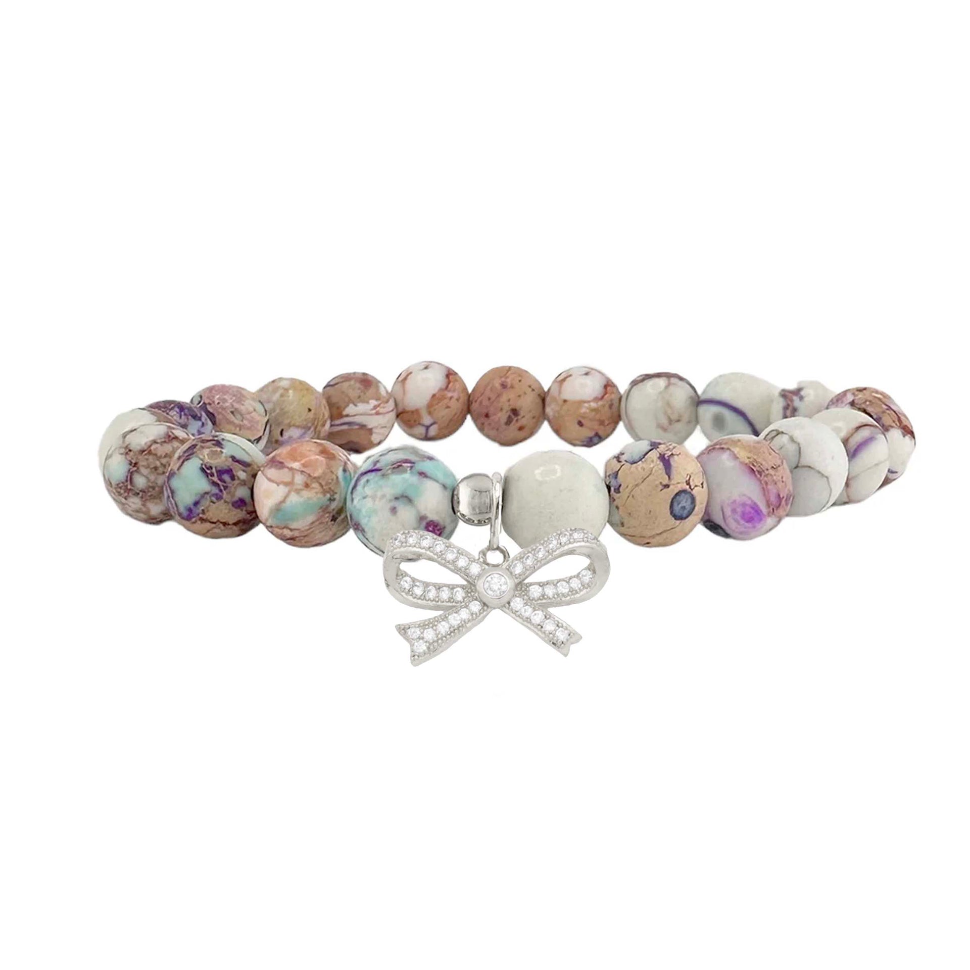 multicolor white blue and purple sea sediment jasper bow bracelet with mixed natural marbled gemstone beads