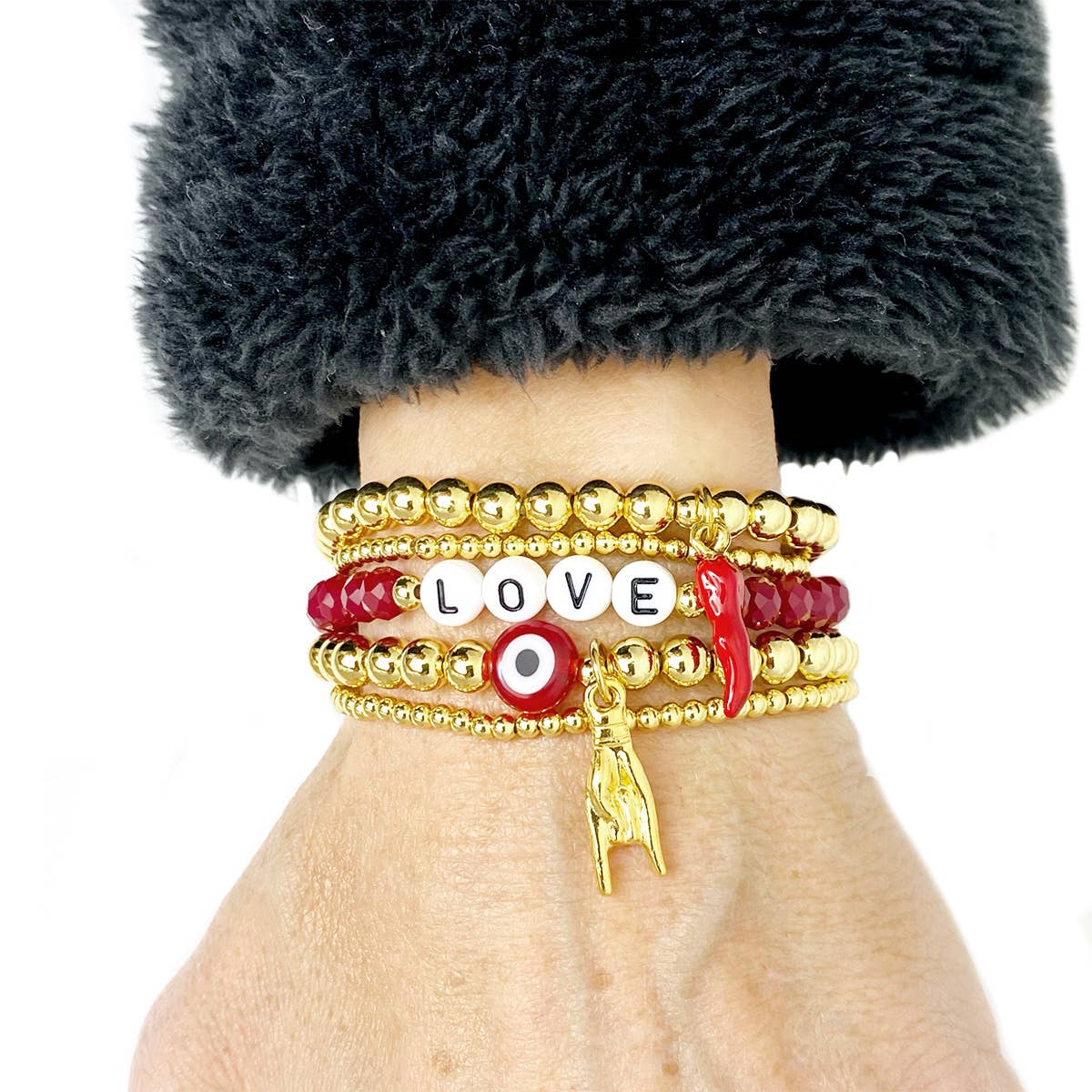 love lisa italian good luck hand sign charm bracelet stack on wrist gold beaded bracelet with red evil eye italian mano cornuto charm