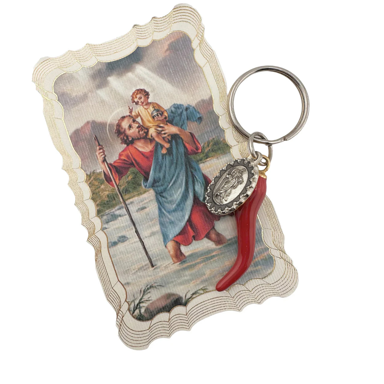 Keychain with religious design featuring a saint holding a child, on a white background