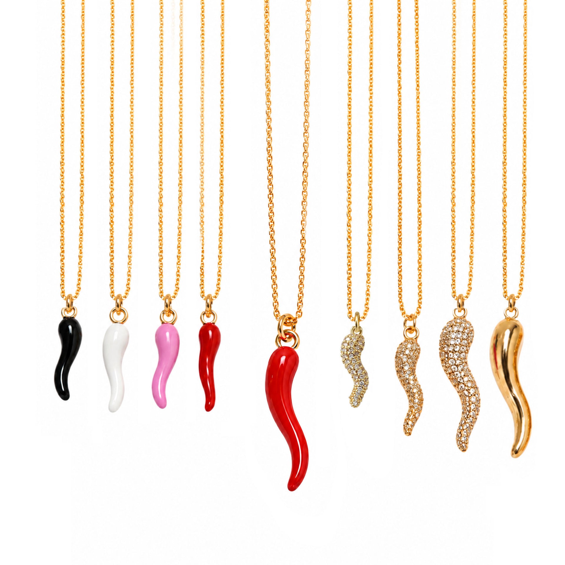 Love Lisa Italian horn necklace collection with enamel pave and polished horn pendants in gold silver red black white and pink