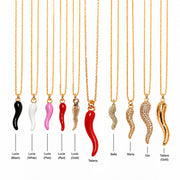Love Lisa Italian horn necklace collection showing multiple pendant sizes colors and finishes for comparison