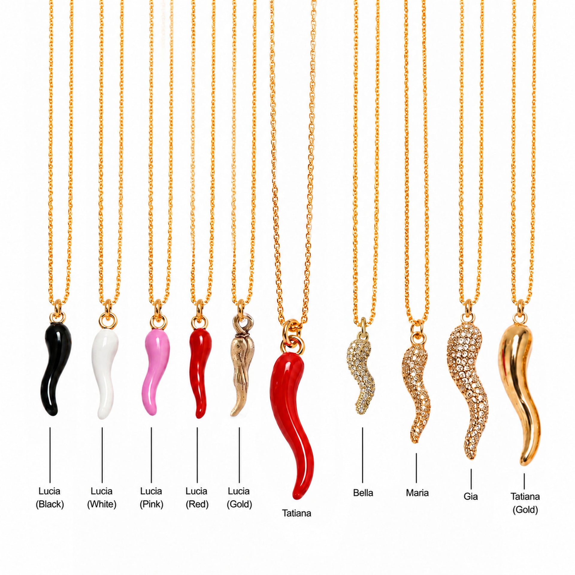 Love Lisa Italian horn necklace collection showing multiple pendant sizes colors and finishes for comparison