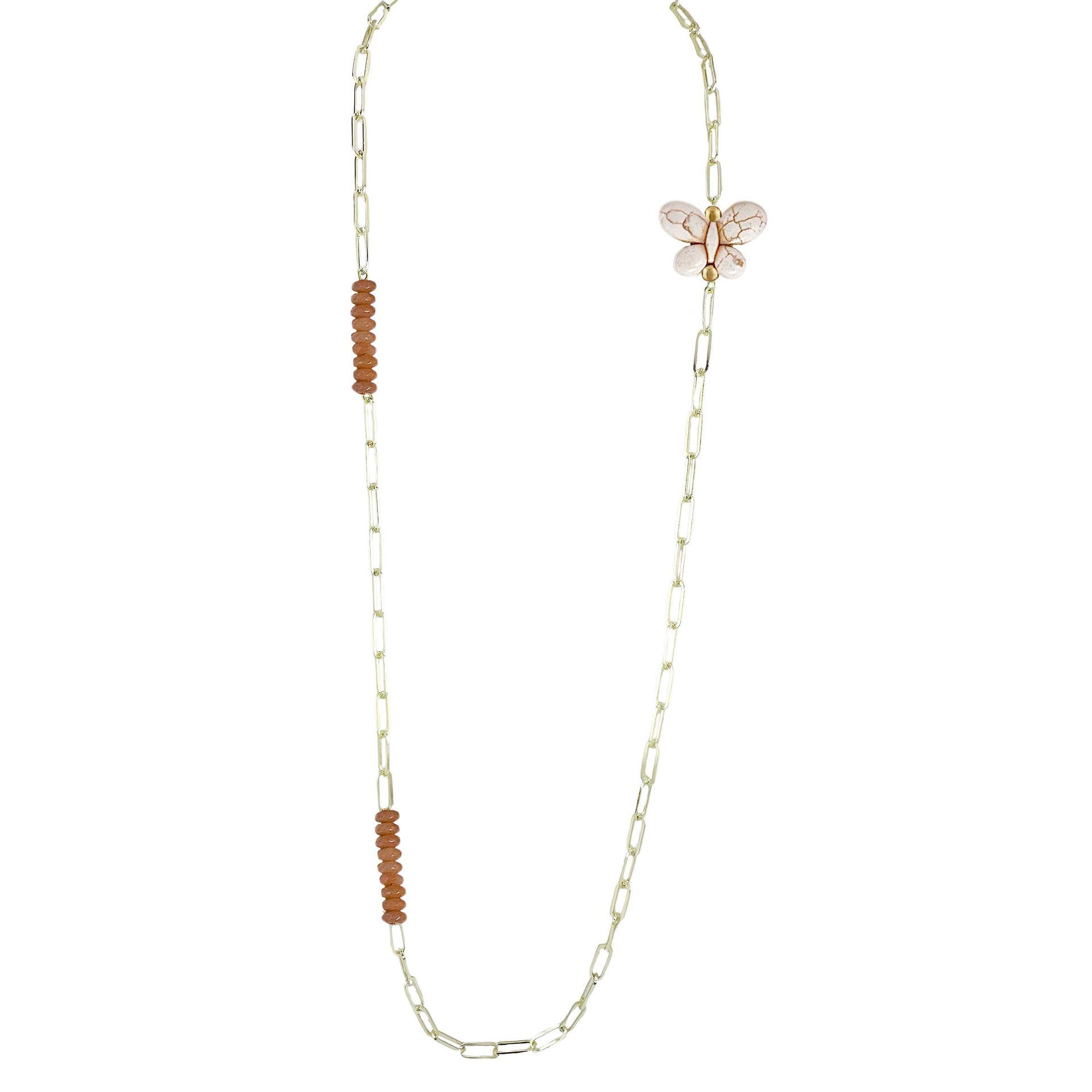 Ivory monarch butterfly charm necklace with amber quartz beads on gold chain