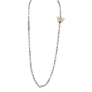 Ivory monarch butterfly charm necklace with iridescent glow beads on gunmetal chain