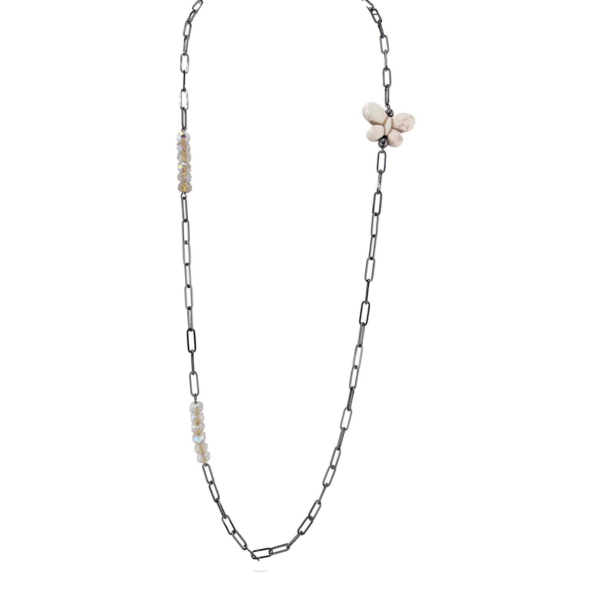Ivory monarch butterfly charm necklace with iridescent glow beads on gunmetal chain