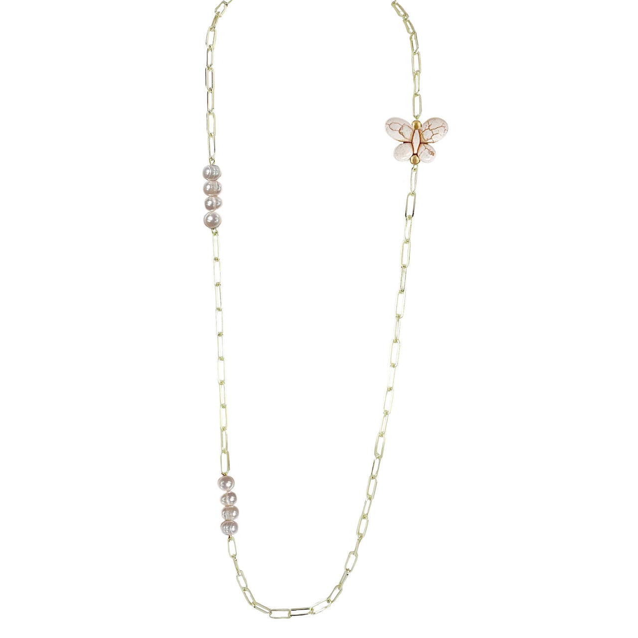 Ivory monarch butterfly charm necklace with pearl beads on gold chain