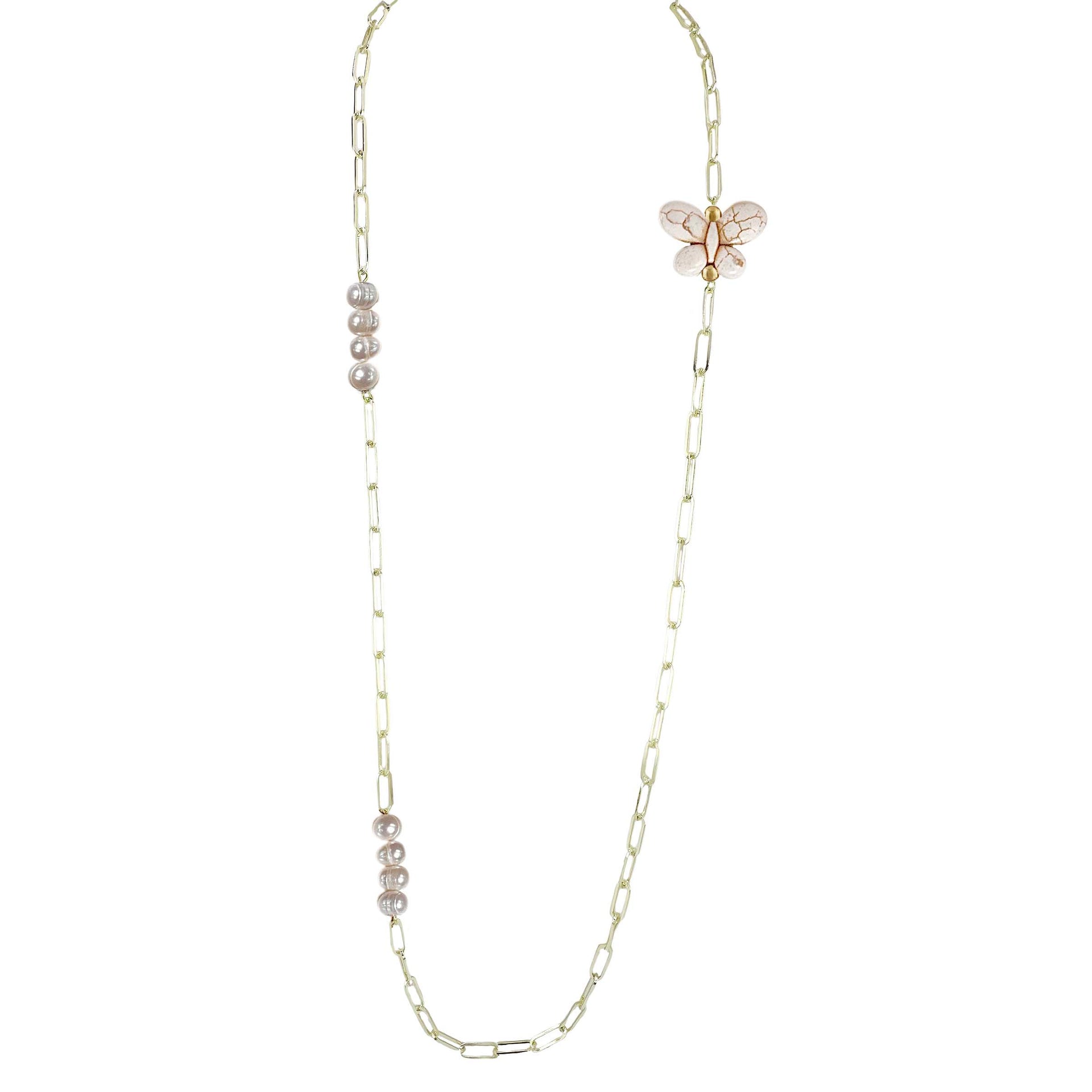 Ivory monarch butterfly charm necklace with pearl beads on gold chain