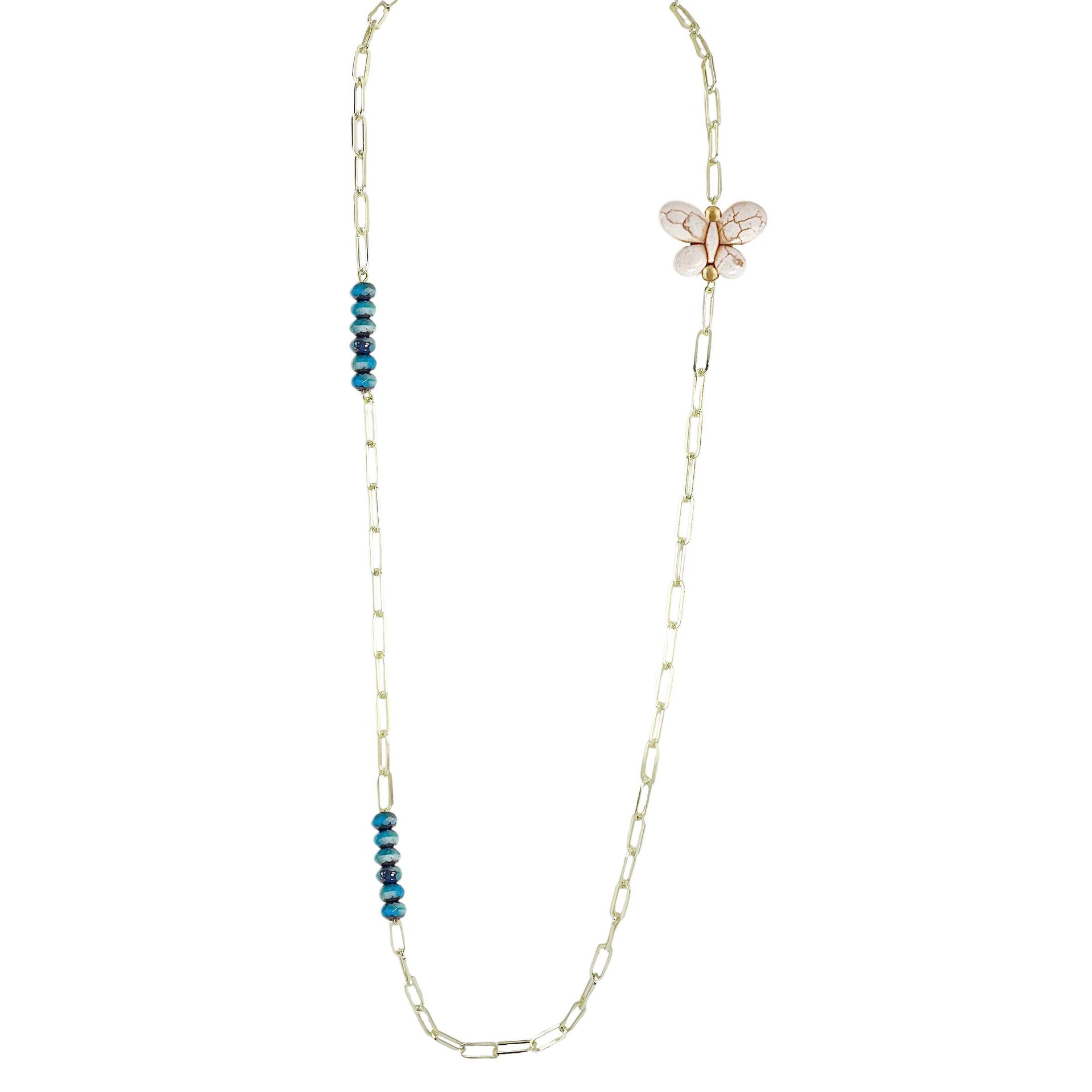 Ivory monarch butterfly charm necklace with turquoise crystal beads on gold chain