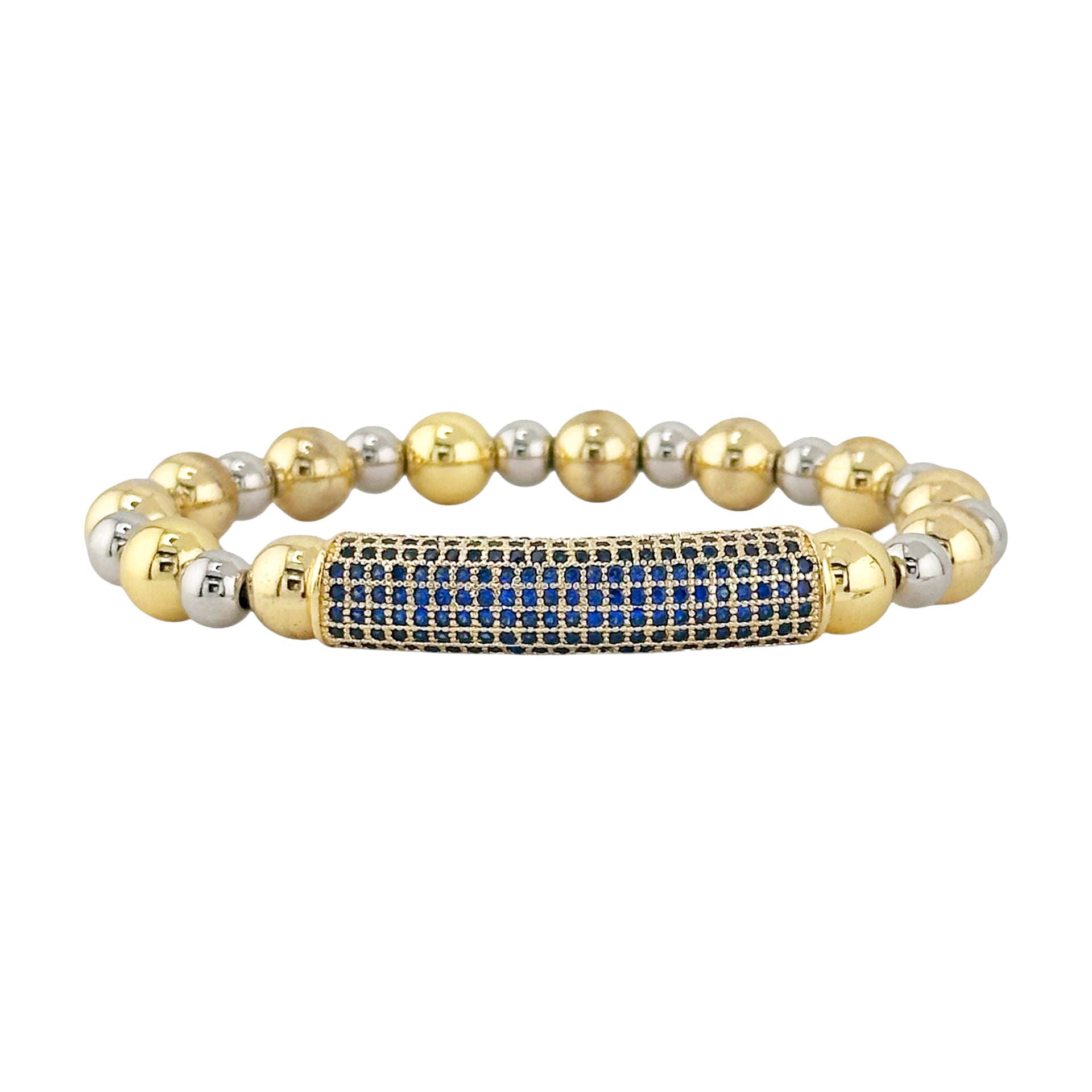Love Lisa Ivy Luxe Pavé Bar Bracelet with silver and gold beads and blue pavé bar

