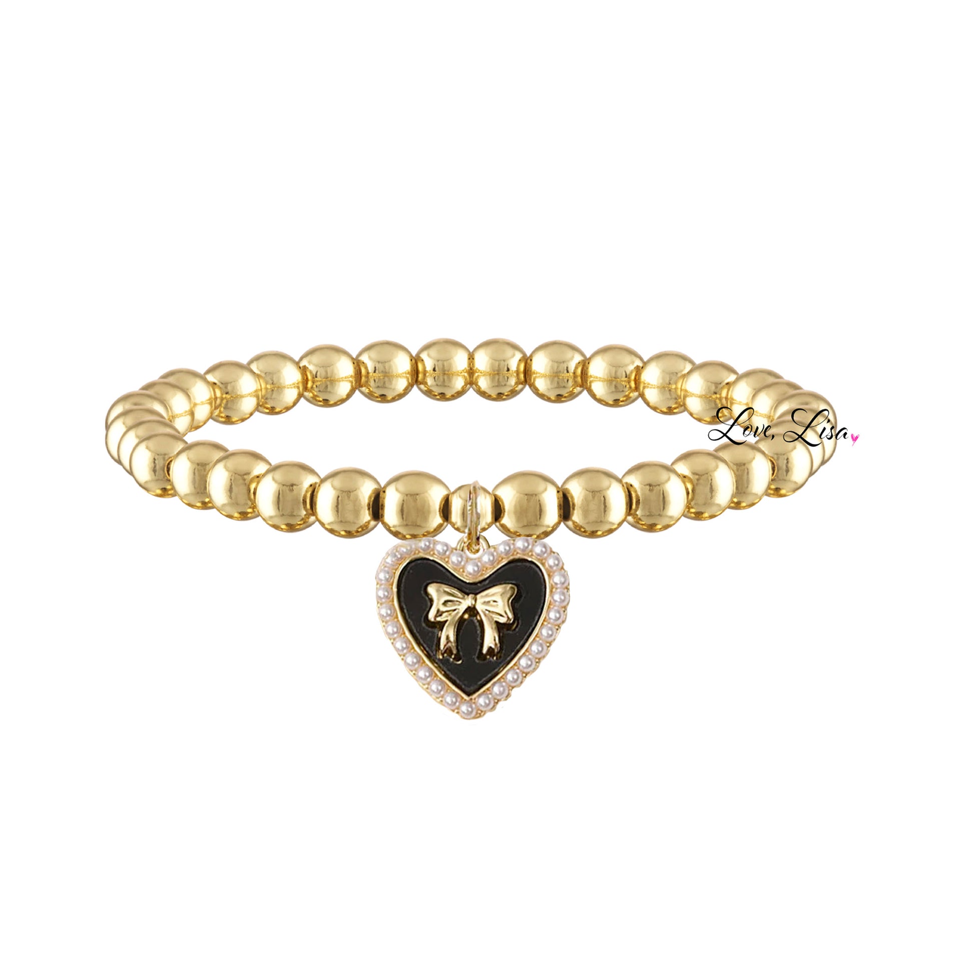 jackie pearl heart bow charm bracelet gold black beaded bracelet with gold bow charm and heart charm