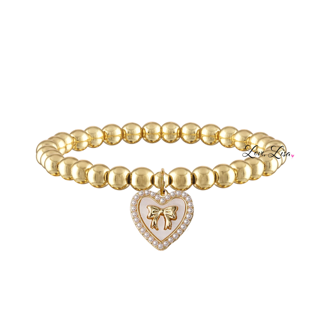love lisa jackie pearl heart bow charm bracelet gold ivory beaded bracelet with gold bow charm and heart charm