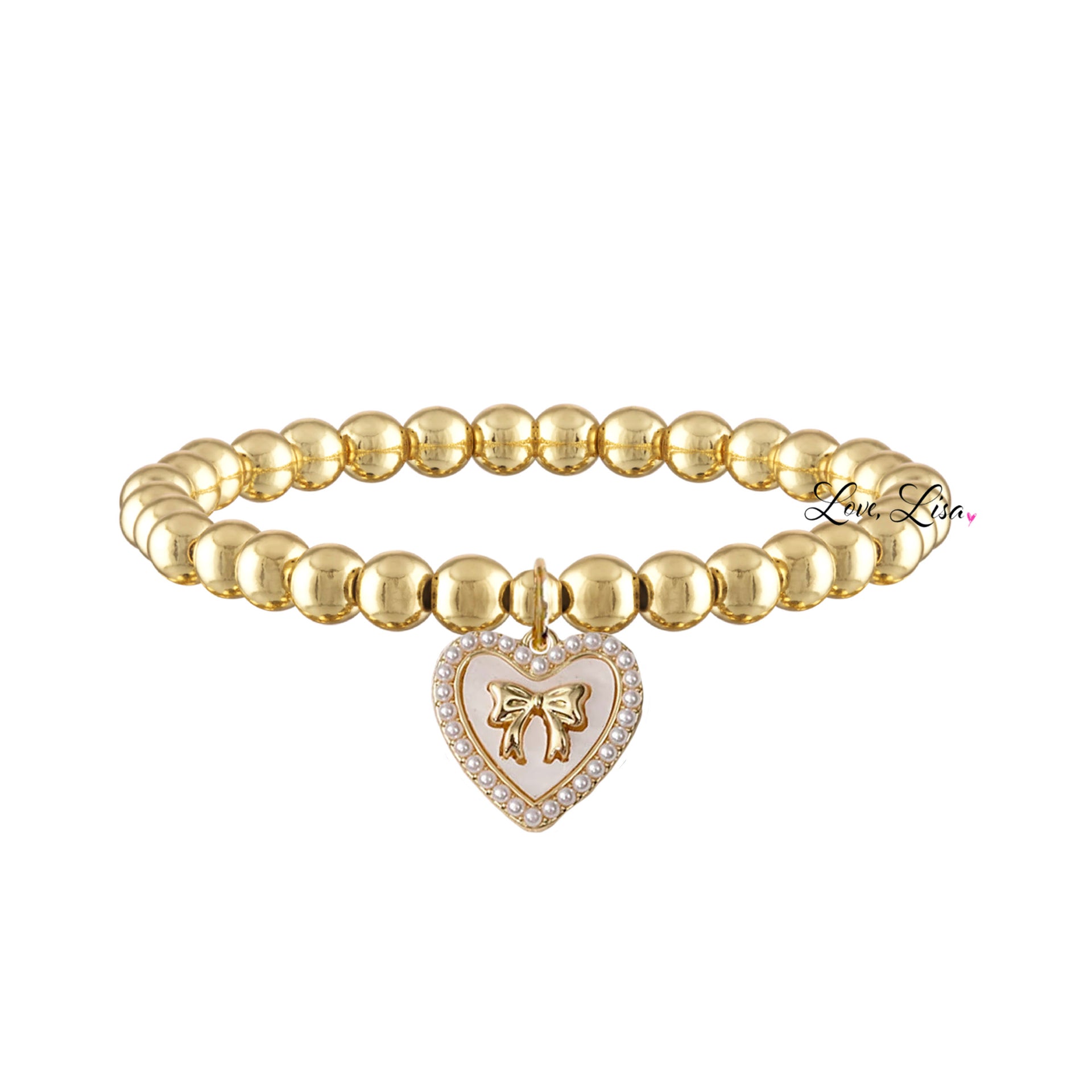 love lisa jackie pearl heart bow charm bracelet gold ivory beaded bracelet with gold bow charm and heart charm