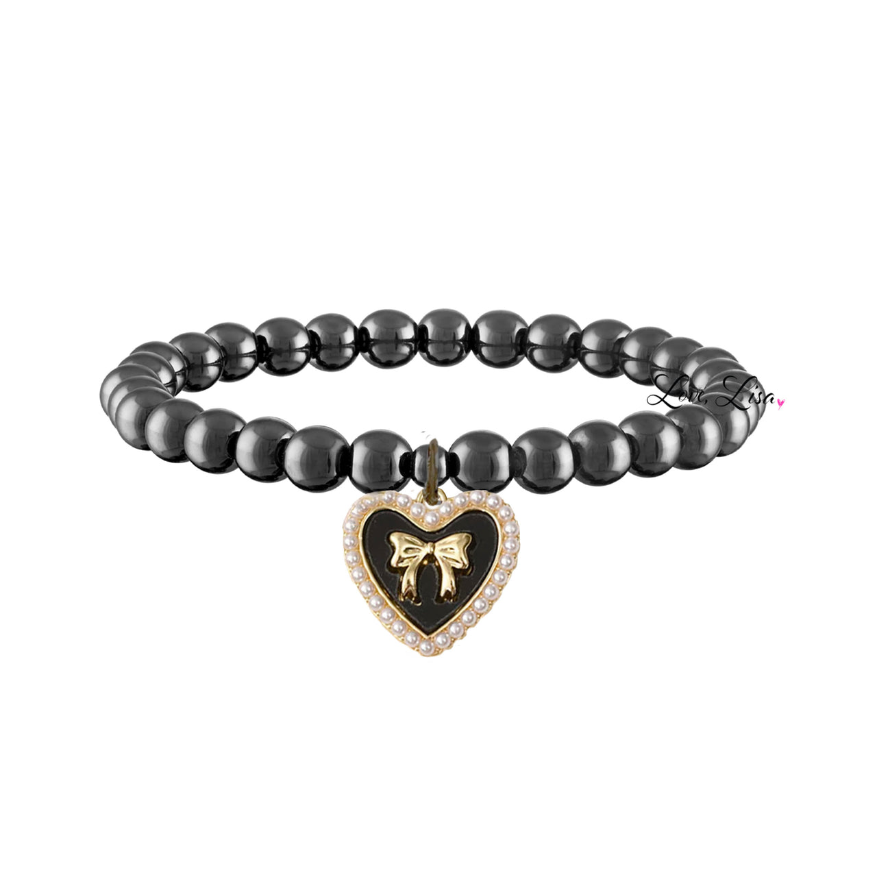 jackie pearl heart bow charm bracelet gunmetal black beaded bracelet with gold bow charm and heart charm