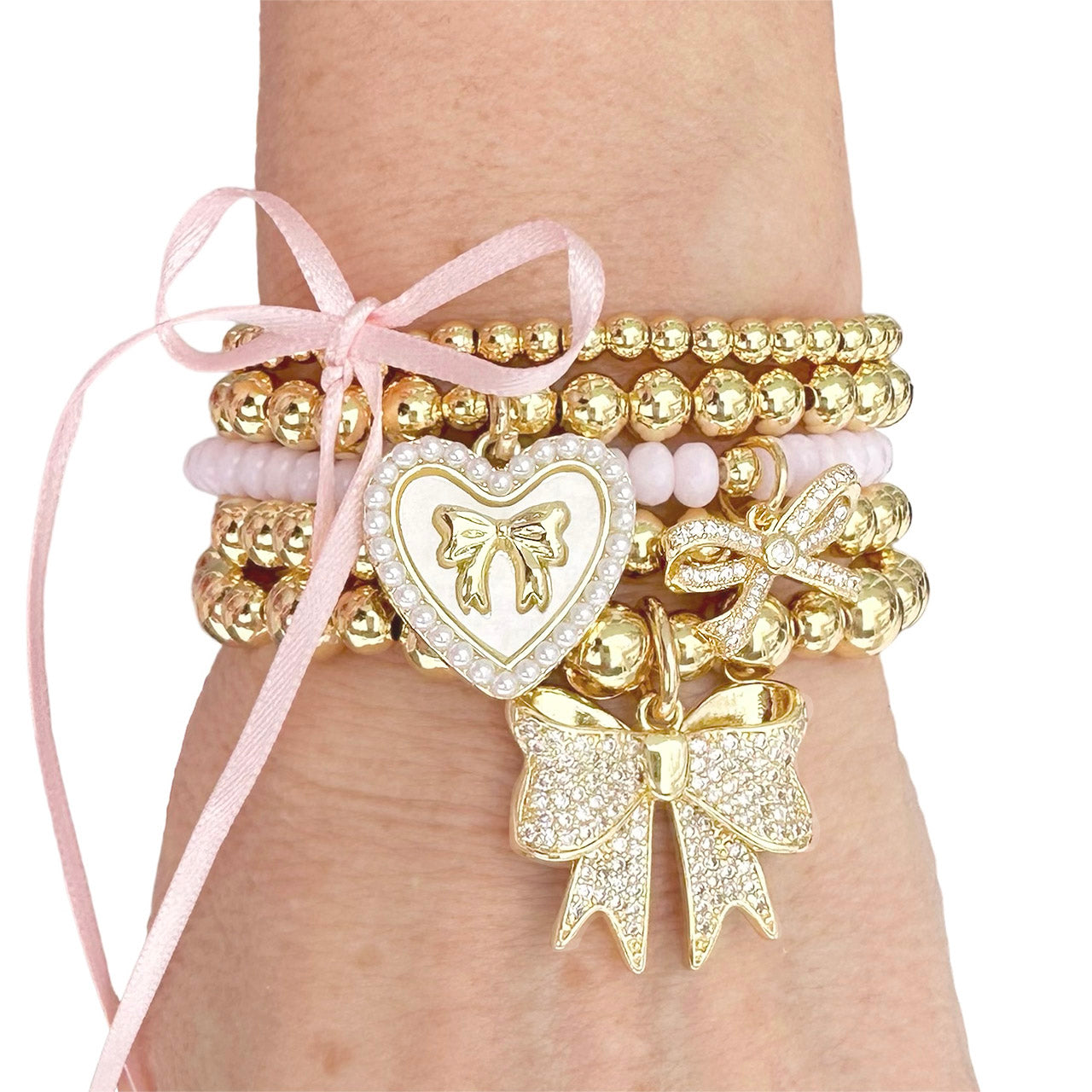 love lisa jackie pearl heart bow charm bracelet stack on wrist beaded bracelets with gold bow charm and heart charm